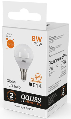 Лампа светодиодная Gauss 8Вт цок.:E14 шар 220B 3000K св.свеч.бел.теп. G45 (упак.:1шт) (53118)