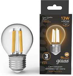 Лампа филам. Gauss Filament 13Вт цок.:E27 шар 220B св.свеч.бел.теп. (упак.:10шт) (105802113)