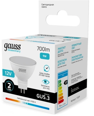 Лампа светодиодная Gauss Elementary 9Вт цок.:GU5.3 софит 12B св.свеч.бел.нейт. (упак.:10шт) (11529)