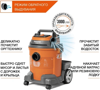 Строительный пылесос Daewoo DAVC 2514S 1400Вт (уборка: сухая/влажная/выдув/сбор воды) серый
