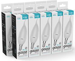 Лампа светодиодная Gauss Basic 1034116 5.5Вт цок.:E14 свеча 180B св.свеч.бел.теп. (упак.:10шт)
