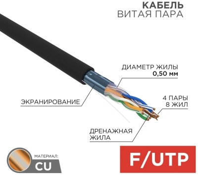 Кабель информационный Rexant 01-0146-R кат.5E F/UTP 4 пары 24AWG PVC внешний 305м черный