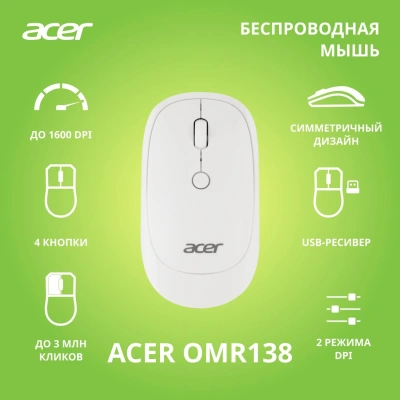 Мышь Acer OMR138 белый оптическая 1600dpi беспров. USB 4but (ZL.MCEEE.01L)