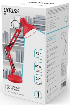 Светильник Gauss GTL002 (GT0024) настольный на струбцине/основание E27 красный 60Вт