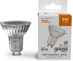 Лампа светодиодная Gauss Basic 10106182 8Вт цок.:GU10 софит 220B св.свеч.теп.св./дневн. (упак.:1шт)