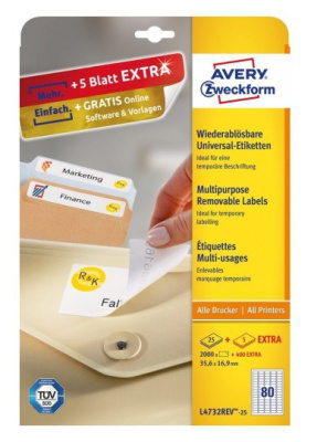 Этикетки Avery Zweckform L4732REV-25 35.6x16.9мм 80шт на листе/70г/м2/25л./белый матовое самоклей. универсальная