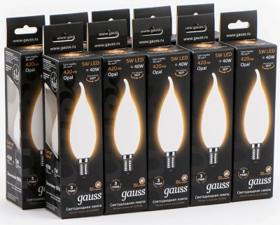 Лампа филам. Gauss Filament 5Вт цок.:E14 свеча 220B св.свеч.бел.теп. (упак.:10шт) (104201105)