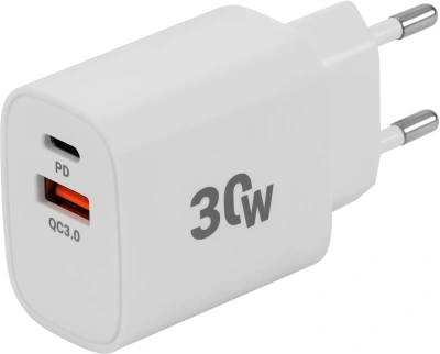 Сетевое зар./устр. Digma DGW3D 30W 3A (PD+QC) USB-C/USB-A универсальное белый (DGW3D0F110WH)