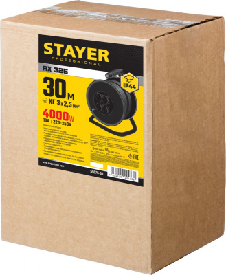 Удлинитель силовой Stayer 55076-30_z01 3x2.5кв.мм 4розет. 30м КГ катушка черный