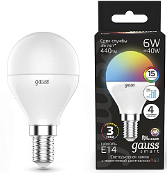 Лампа светодиодная Gauss 105101406 6Вт цок.:E14 шар 220B св.свеч.RGB (упак.:1шт)