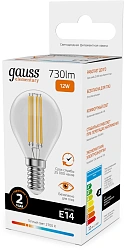 Лампа филам. Gauss Filament 12Вт цок.:E14 шар 220B св.свеч.бел.теп. (упак.:10шт) (52112)