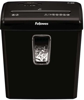 Шредер Fellowes PowerShred Р-30С черный (секр.P-4) фрагменты 6лист. 15лтр. скрепки скобы пл.карты