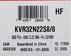 Память DDR4 8Gb 3200MHz Kingston KVR32N22S8/8 VALUERAM RTL PC4-25600 CL22 DIMM 288-pin 1.2В single rank Ret