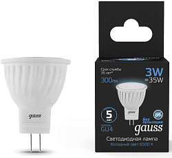 Лампа светодиодная Gauss 132517303 3Вт цок.:GU4 рефлек. 220B св.свеч.бел.хол. (упак.:10шт)