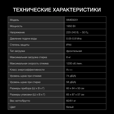 Стиральная машина Hyundai WME8201 класс: A+++ загр.фронтальная макс.:8кг белый инвертер