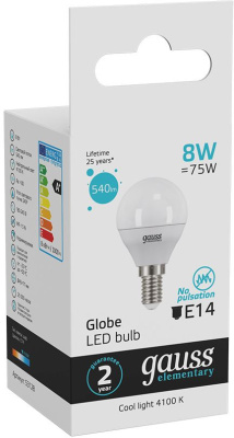 Лампа светодиодная Gauss 8Вт цок.:E14 шар 220B 4100K св.свеч.бел.нейт. G45 (упак.:1шт) (53128)