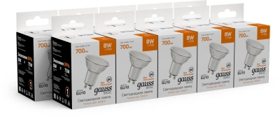 Лампа светодиодная Gauss Basic 8Вт цок.:GU10 софит 220B св.свеч.теп.св./дневн. (упак.:10шт) (10106182)