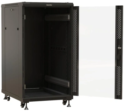 Шкаф серверный Hyperline (TTBR-2261-AS-RAL9004) напольный 22U 600x1000мм пер.дв.стекл 2 бок.пан. задн.дв.спл.стал.лист 1000кг черный 910мм 1166мм IP20 сталь