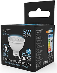 Лампа светодиодная Gauss Black 5Вт цок.:GU5.3 рефлек. 220B св.свеч.бел.нейт. MR16 (упак.:10шт) (101505205)