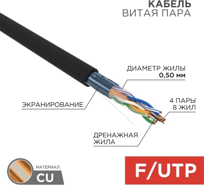 Кабель информационный Rexant 01-0146 кат.5E UTP 4 пары 24AWG PE внешний 305м черный