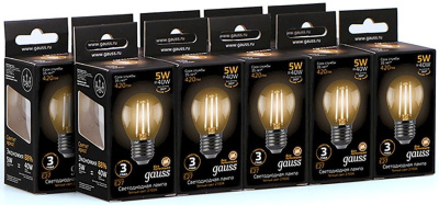 Лампа филам. Gauss 5Вт цок.:E27 шар 220B 2700K св.свеч.бел.теп. G45 (упак.:10шт) (105802105)