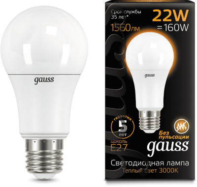 Лампа светодиодная Gauss A70 22Вт цок.:E27 груша 220B 3000K св.свеч.бел.теп. (упак.:1шт) (102502122)