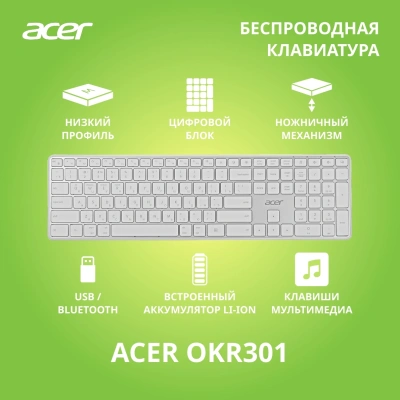 Клавиатура Acer OKR301 белый/серебристый USB беспроводная BT/Radio slim Multimedia (ZL.KBDEE.015)