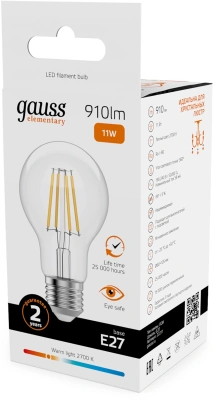 Лампа филам. Gauss Filament 11Вт цок.:E27 груша 220B св.свеч.бел.теп. (упак.:10шт) (22211)