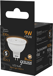Лампа светодиодная Gauss 101505109 9Вт цок.:GU5.3 рефлек. 150B св.свеч.бел.теп. MR16 (упак.:1шт)