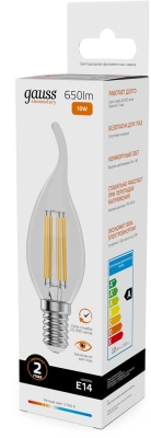 Лампа филам. Gauss Filament 10Вт цок.:E14 свеча 220B св.свеч.бел.теп. (упак.:10шт) (42110)