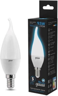 Лампа светодиодная Gauss 104101310 9.5Вт цок.:E14 свеча 220B 6500K св.свеч.бел.хол. (упак.:10шт)