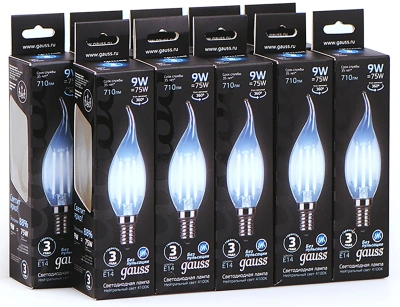Лампа светодиодная Gauss Filament 9Вт цок.:E14 свеча 220B св.свеч.бел.нейт. CF35 (упак.:10шт) (104801209)