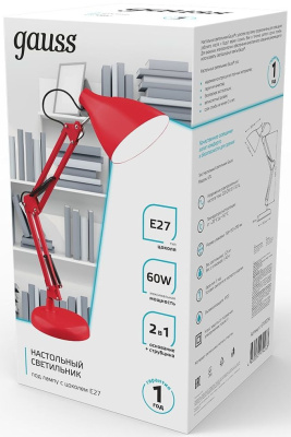 Светильник Gauss GTL003 (GT0034) настольный на струбцине/основание E27 красный 60Вт