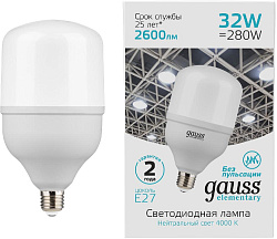Лампа светодиодная Gauss Elementary T100 32Вт цок.:E27 цилин. 220B св.свеч.бел.хол. (упак.:1шт) (63233)
