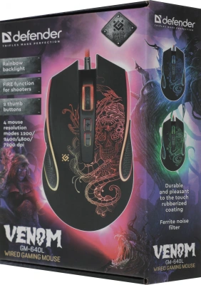 Мышь Defender Venom GM-640L черный оптическая 7200dpi USB 7but (52640)