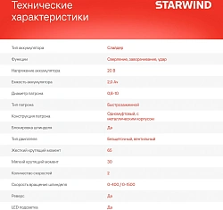 Дрель-шуруповерт Starwind CDB20-2.0/2hs1 40Вт аккум. патрон:быстрозажимной (кейс в комплекте)