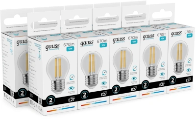 Лампа филам. Gauss Filament 10Вт цок.:E27 шар 220B св.свеч.бел.нейт. (упак.:10шт) (52220)