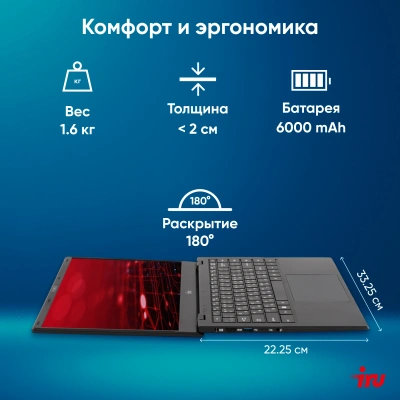Ноутбук IRU Planio 14ING N-series N100 8Gb SSD512Gb Intel UHD Graphics 14" IPS FHD (1920x1080) Windows 11 Pro 64 black WiFi BT Cam 6000mAh (2059101)