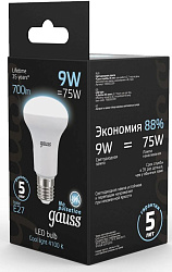 Лампа светодиодная Gauss R63 9Вт цок.:E27 рефлек. 220B св.свеч.бел.нейт. (упак.:10шт) (106002209)