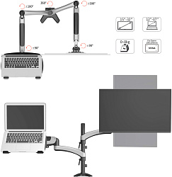 Кронштейн для монитора/ноутбука Cactus CS-VM-LH08-AL серебряный 13"-32" макс.16кг настольный поворот и наклон