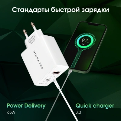 Сетевое зар./устр. Digma Pro DPW6B 65W 3.25A (PD+QC) 2хUSB-C/USB-A универсальное белый (DPW6B5GX12WH)