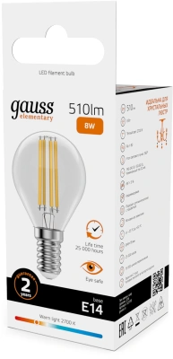Лампа филам. Gauss Filament 8Вт цок.:E14 шар 220B св.свеч.бел.теп. (упак.:10шт) (52118)