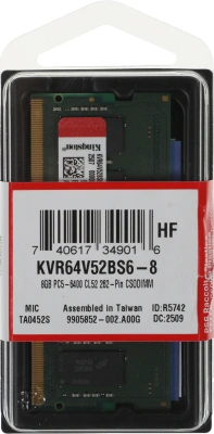 Память DDR5 8GB 6400MHz Kingston KVR64V52BS6-8 Valueram RTL PC5-51200 CL52 SO-DIMM 262-pin 1.1В single rank Ret