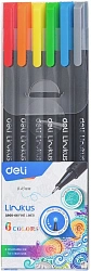 Набор ручек капилляр. Deli Linkus (EQ900-06) d=0.45мм ассор. черн. игловидный пиш. наконечник линия 0.45мм 6цв.