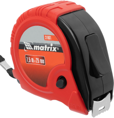 Рулетка строительная Matrix Rubber дл.полотна 7.5м изм.шкала в см зацеп простой красный/черный (31001)