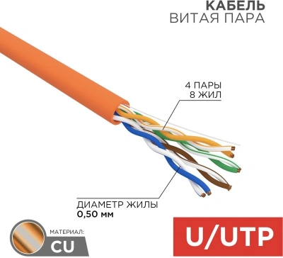 Кабель информационный Rexant 01-0049 кат.5E UTP 4 пары 24AWG LSZH внутренний 305м оранжевый