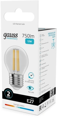 Лампа филам. Gauss Filament 12Вт цок.:E27 шар 220B св.свеч.бел.нейт. (упак.:10шт) (52222)