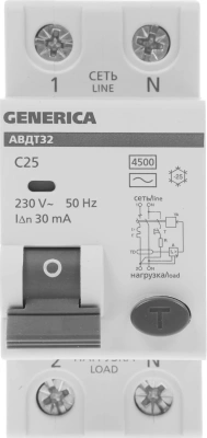 Выключатель автом. дифф. тока IEK MAD25-5-025-C-30 АВДТ 32 Generica 25A тип C 6kA 30мА AC 2П 230В 2мод серый (упак.:1шт)