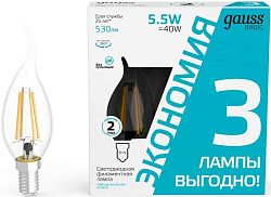 Лампа светодиодная Gauss Basic 1041126T 5.5Вт цок.:E14 свеча 220B св.свеч.бел.нейт. (упак.:3шт)