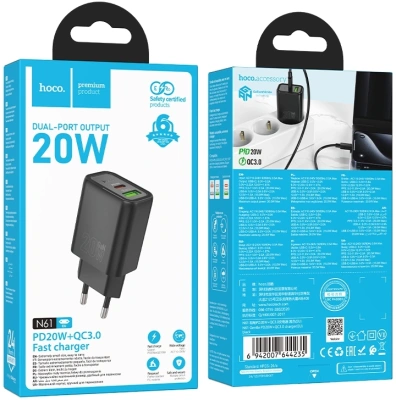 Сетевое зар./устр. Hoco N61 Gentle 20W 3A (PD+QC) USB/USB Type-C универсальное черный (44235)